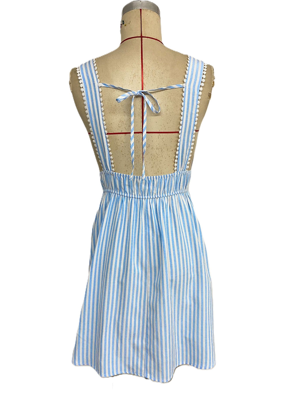 Striped Deep V Neck Tie Back Mini Dress - Blue - 1