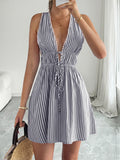 Striped Deep V Neck Tie Back Mini Dress - Darkblue