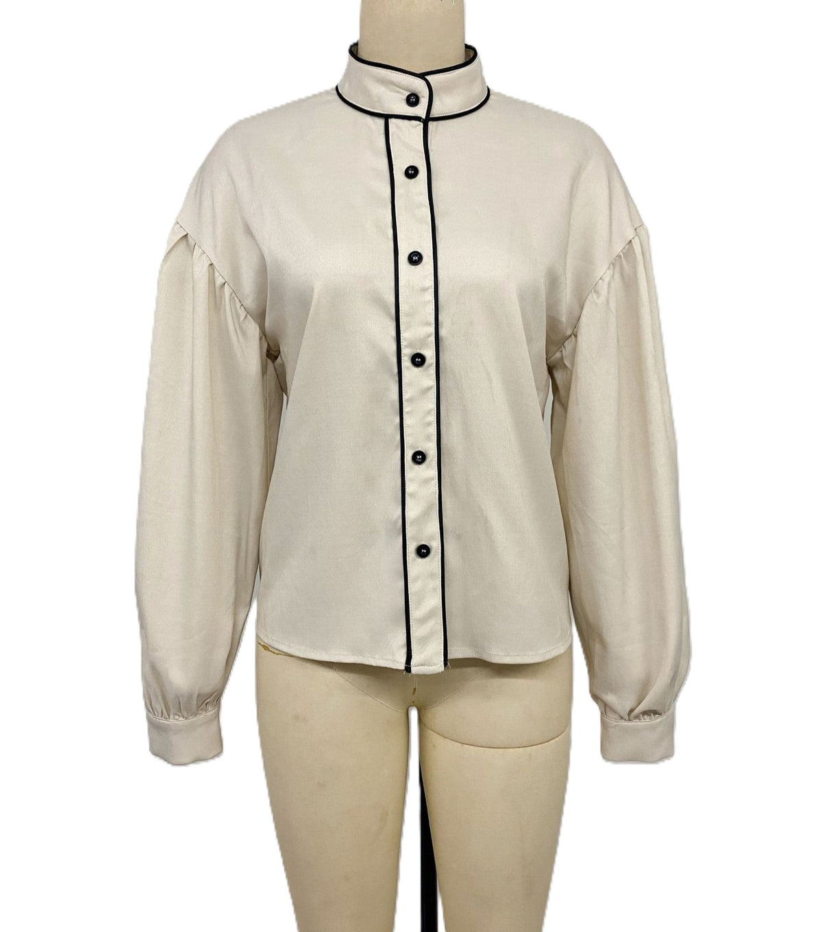 Contrast Piped Balloon Sleeve Button Blouse - Beige - 1
