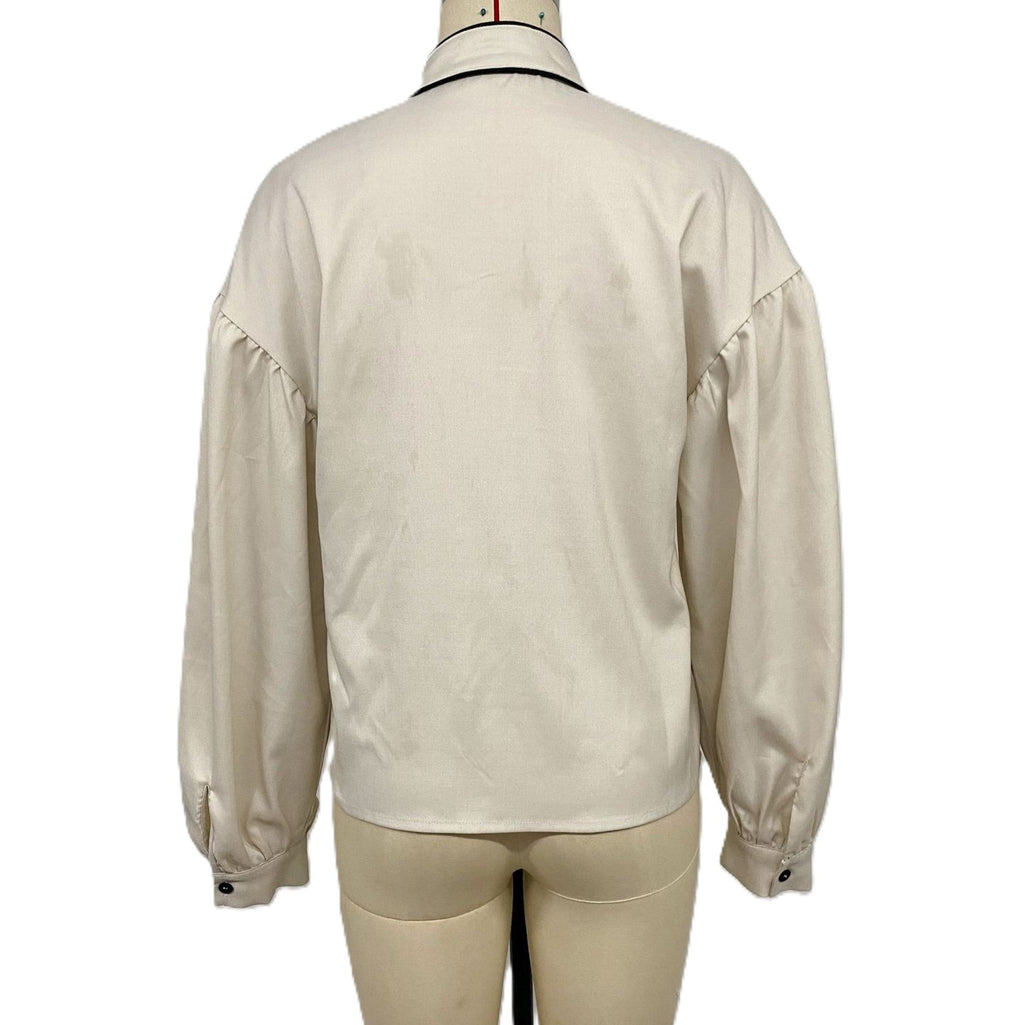 Contrast Piped Balloon Sleeve Button Blouse - Beige - 2