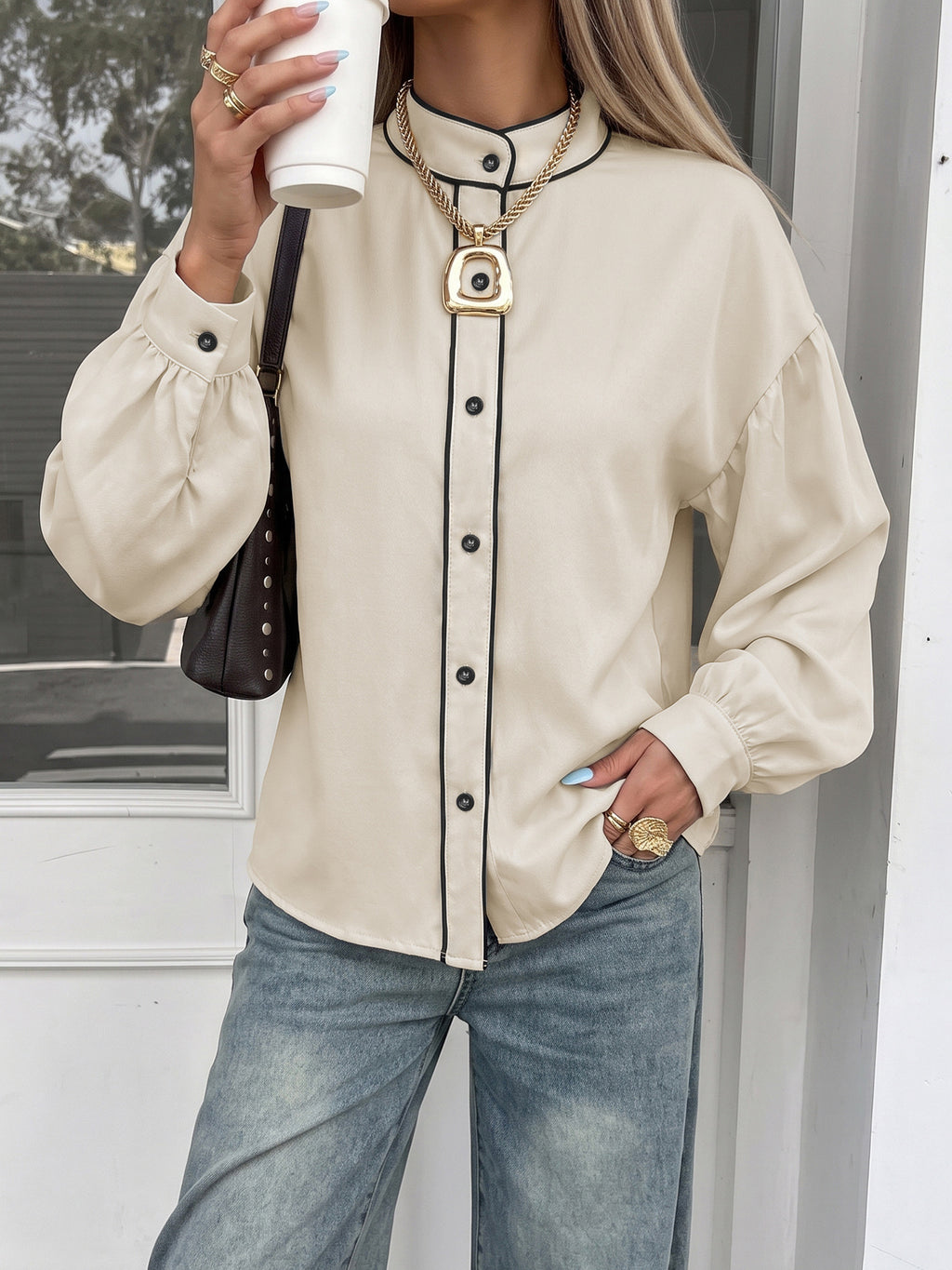 Contrast Piped Balloon Sleeve Button Blouse - Beige - 4