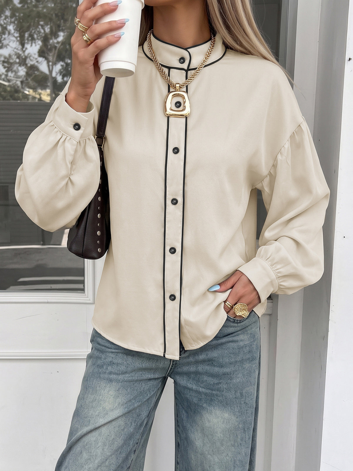 Contrast Piped Balloon Sleeve Button Blouse - Beige - 4