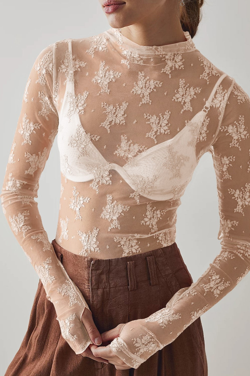 Sheer Floral Lace Mock Neck Top - Beige - 1