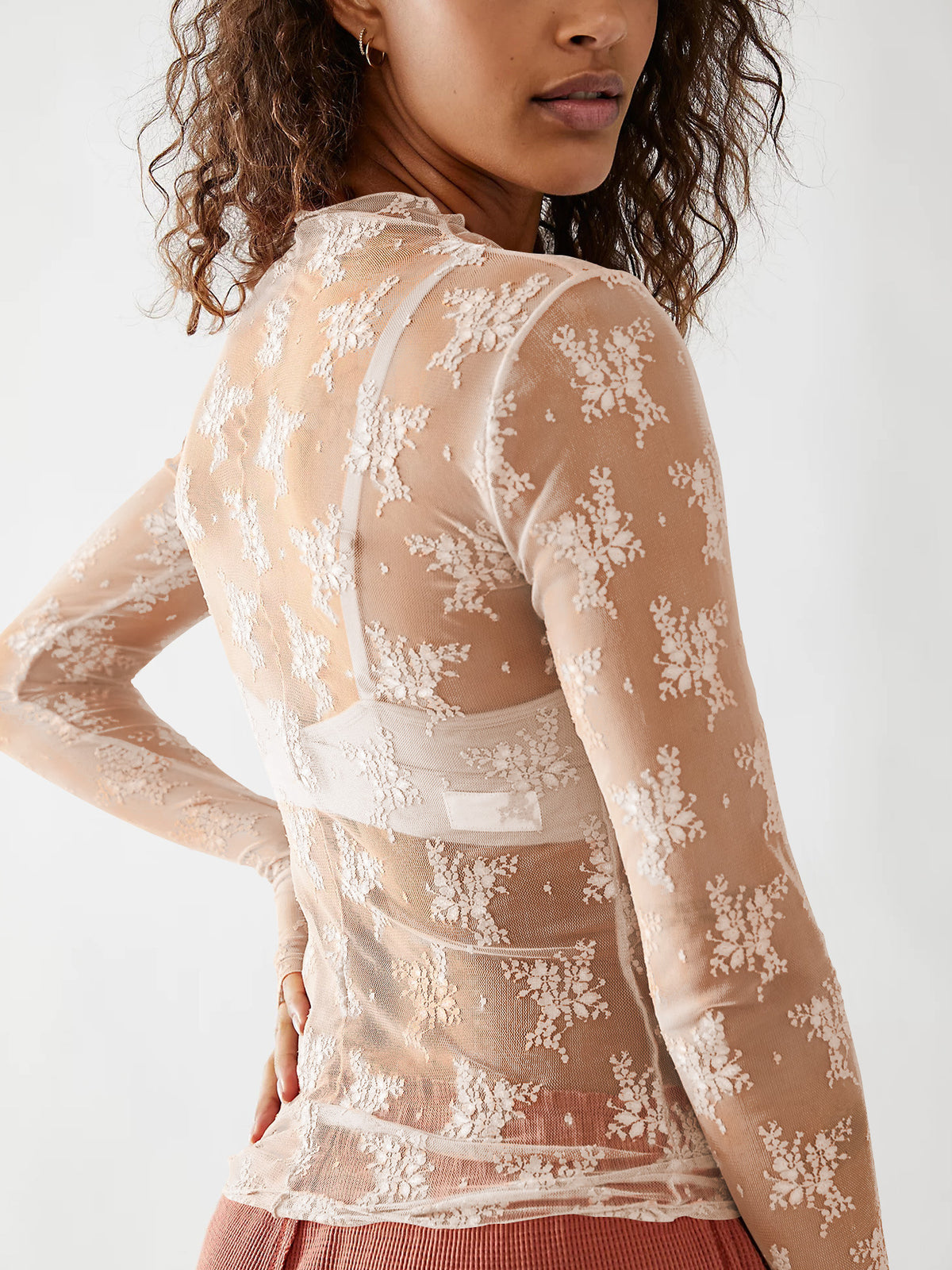 Sheer Floral Lace Mock Neck Top - Beige - 4