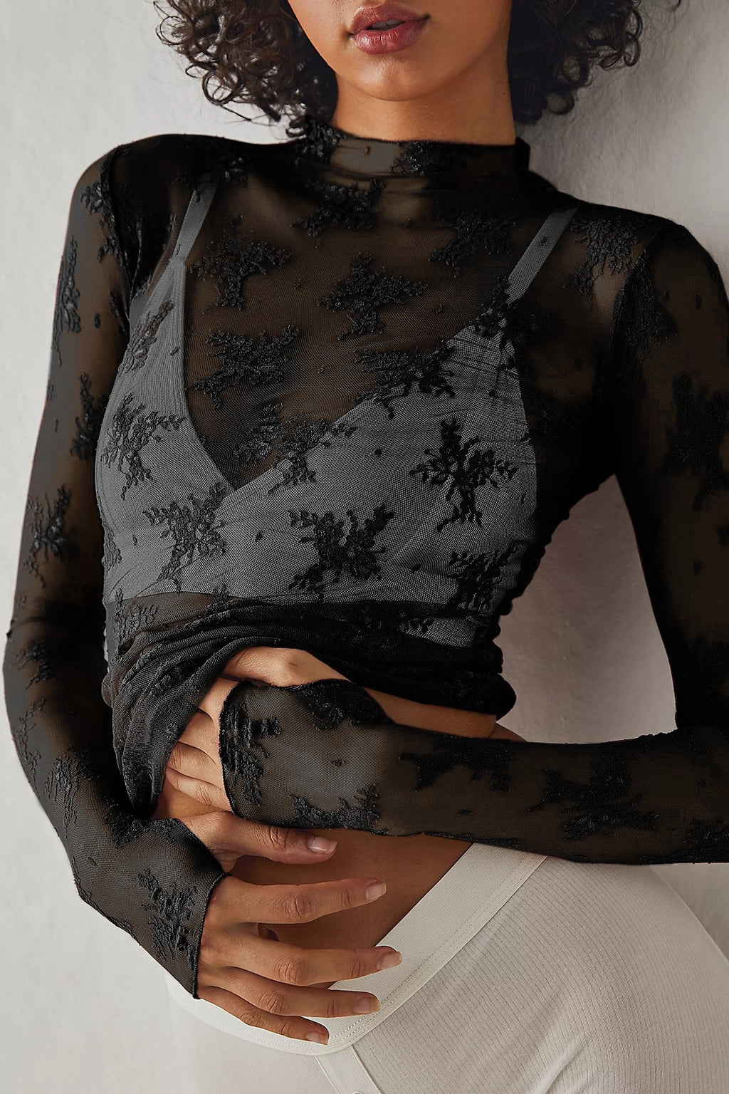 Sheer Floral Lace Mock Neck Top - Black