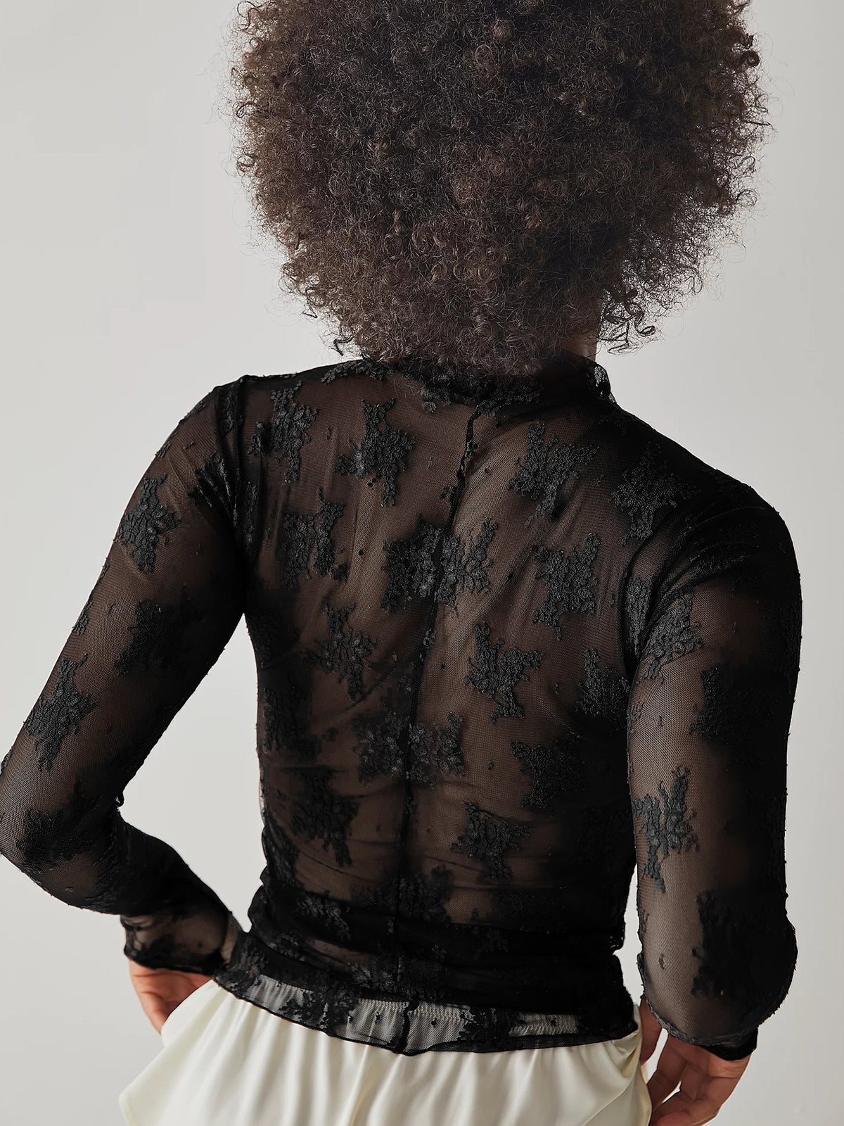 Sheer Floral Lace Mock Neck Top - Black - 4