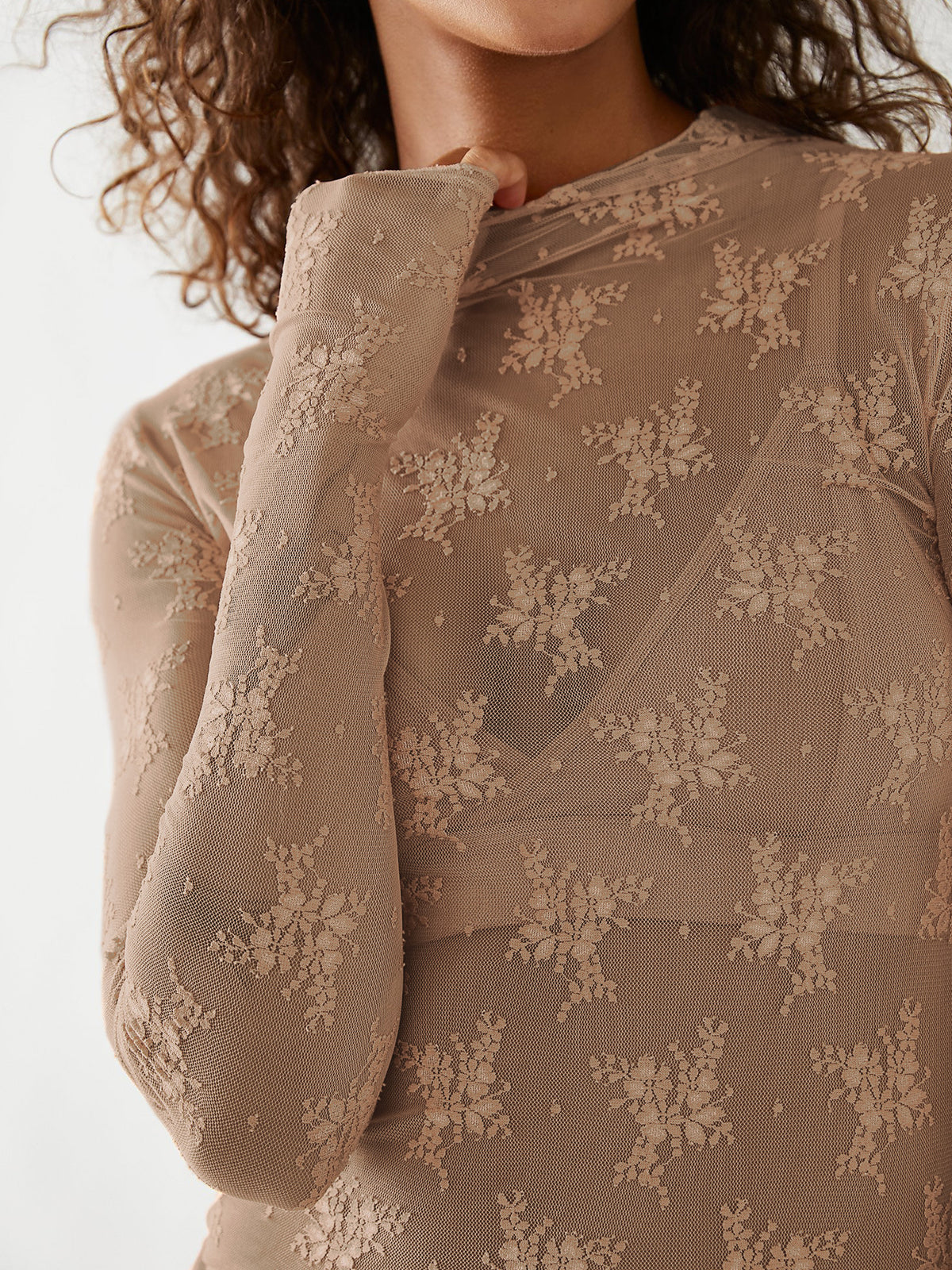 Sheer Floral Lace Mock Neck Top - Toffee - 1