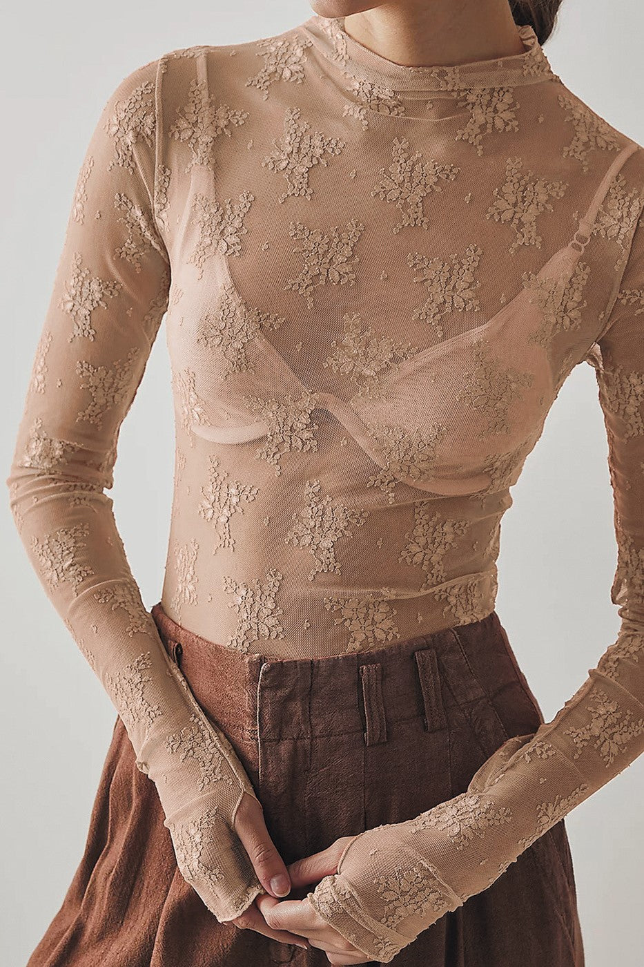 Sheer Floral Lace Mock Neck Top - Toffee - 2