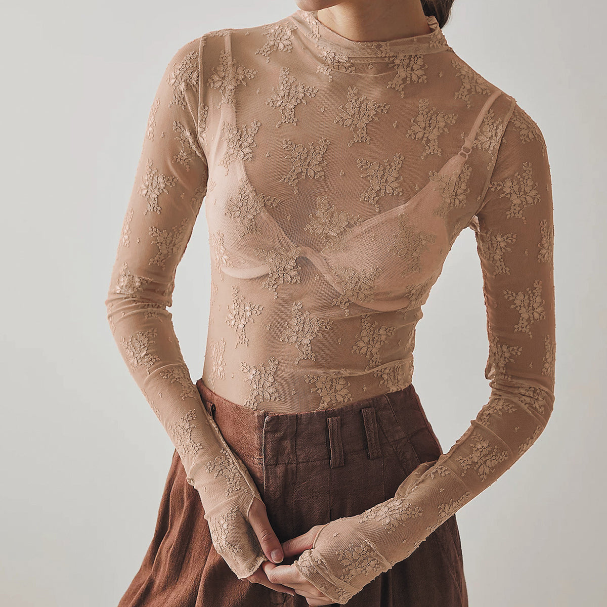 Sheer Floral Lace Mock Neck Top - Toffee - 3