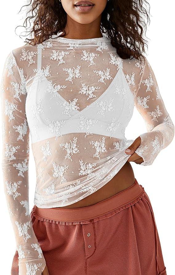 Sheer Floral Lace Mock Neck Top - White
