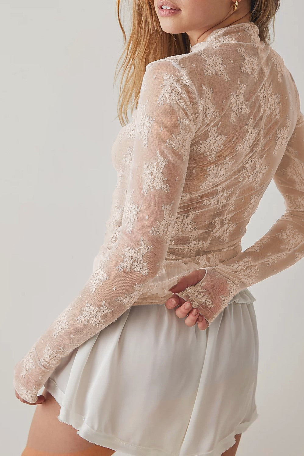 Sheer Floral Lace Mock Neck Top - White - 2