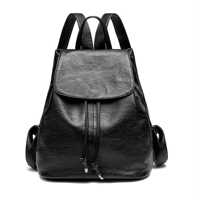 Drawstring Flap Faux Leather Backpack - Black