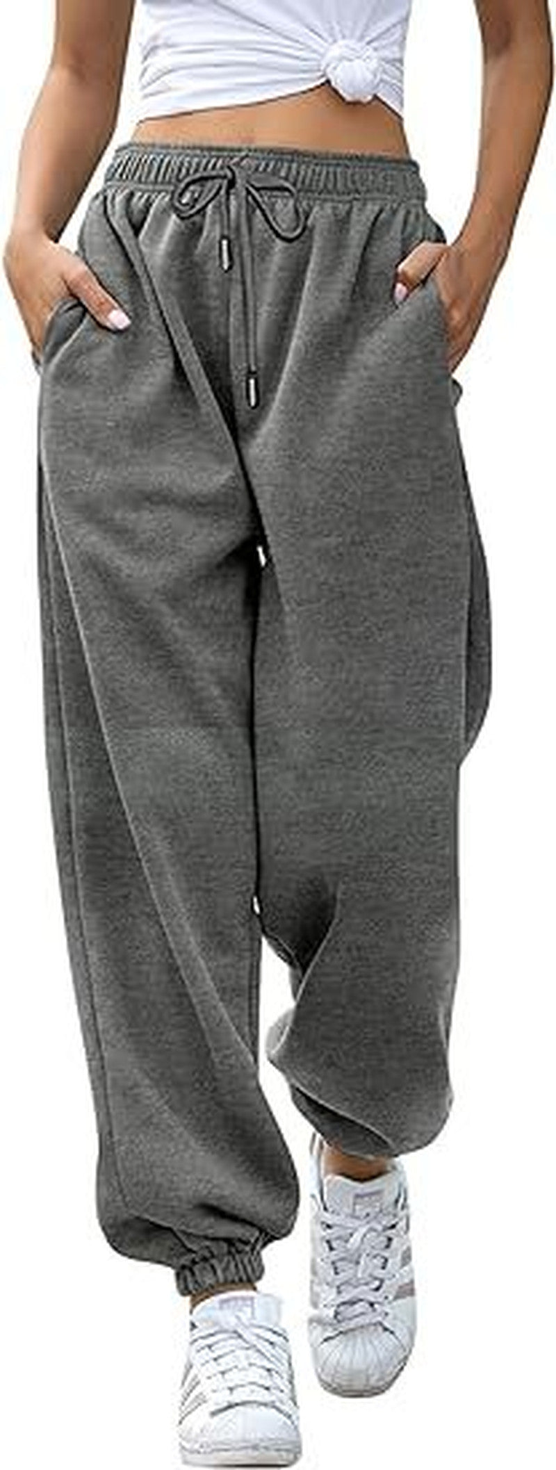 Drawstring High Waist Cuffed Jogger Sweatpants - Charcoal