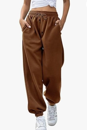 Drawstring High Waist Cuffed Jogger Sweatpants - Coffee