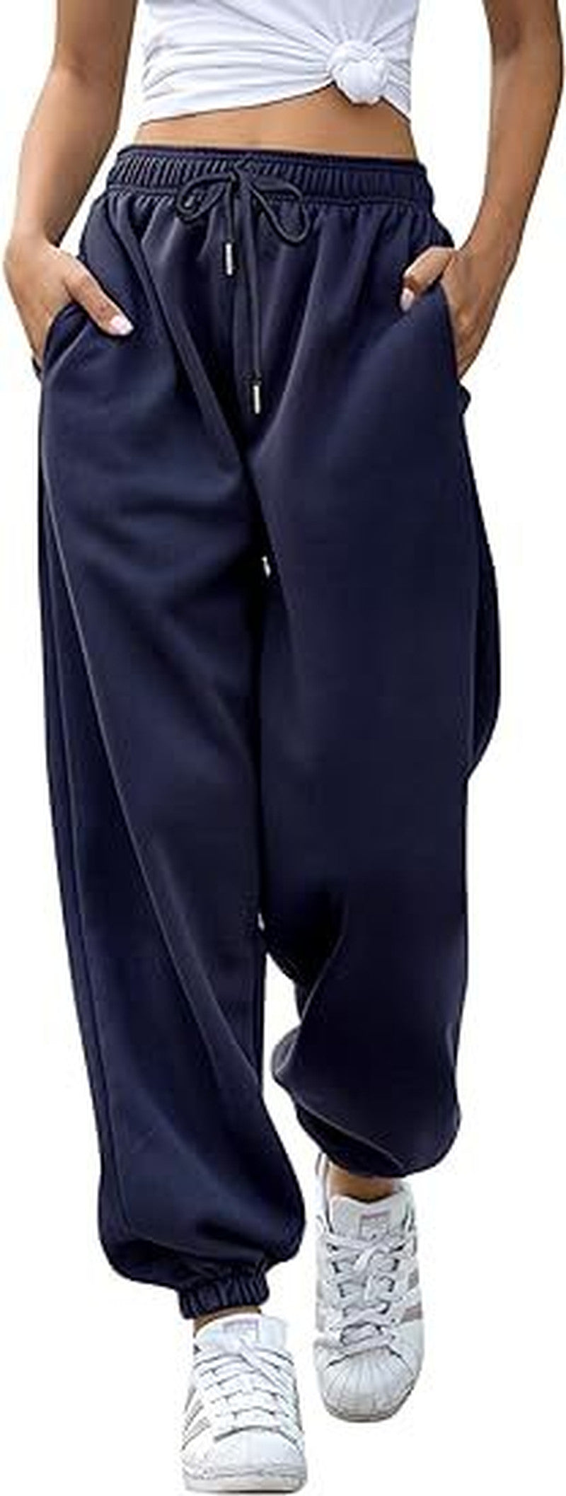 Drawstring High Waist Cuffed Jogger Sweatpants - DarkBlue