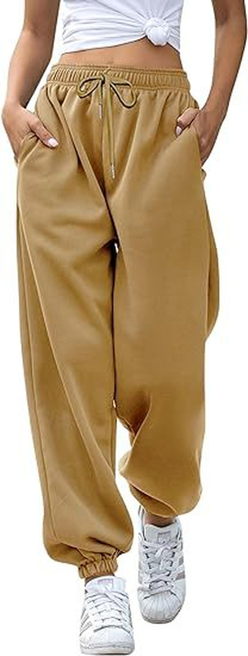 Drawstring High Waist Cuffed Jogger Sweatpants - Khaki