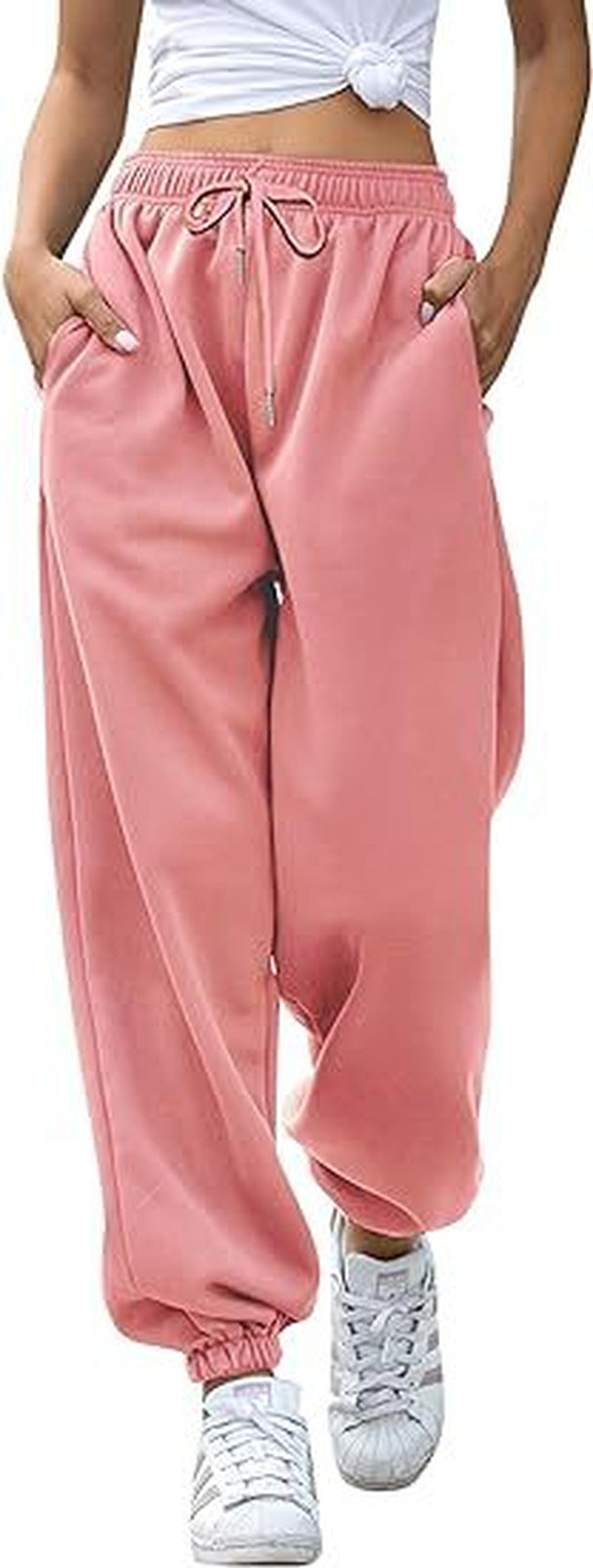 Drawstring High Waist Cuffed Jogger Sweatpants - Pink