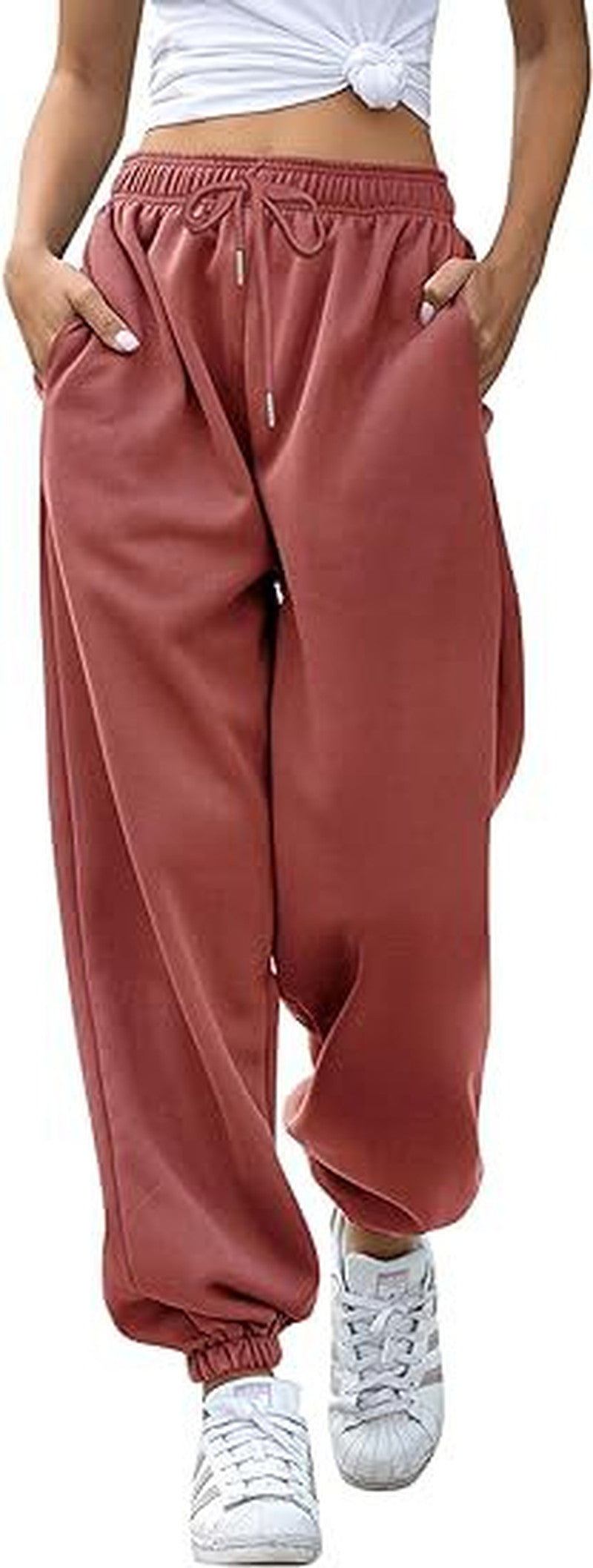 Drawstring High Waist Cuffed Jogger Sweatpants - Rust