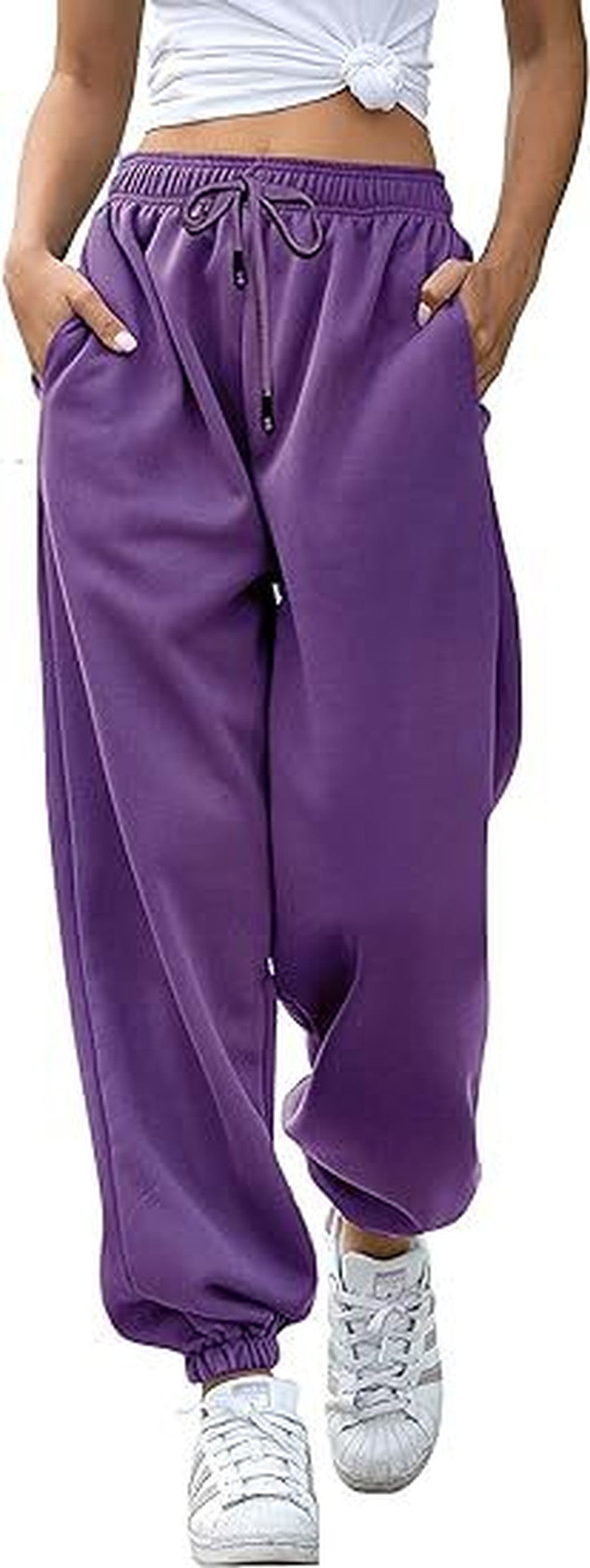 Drawstring High Waist Cuffed Jogger Sweatpants - purple