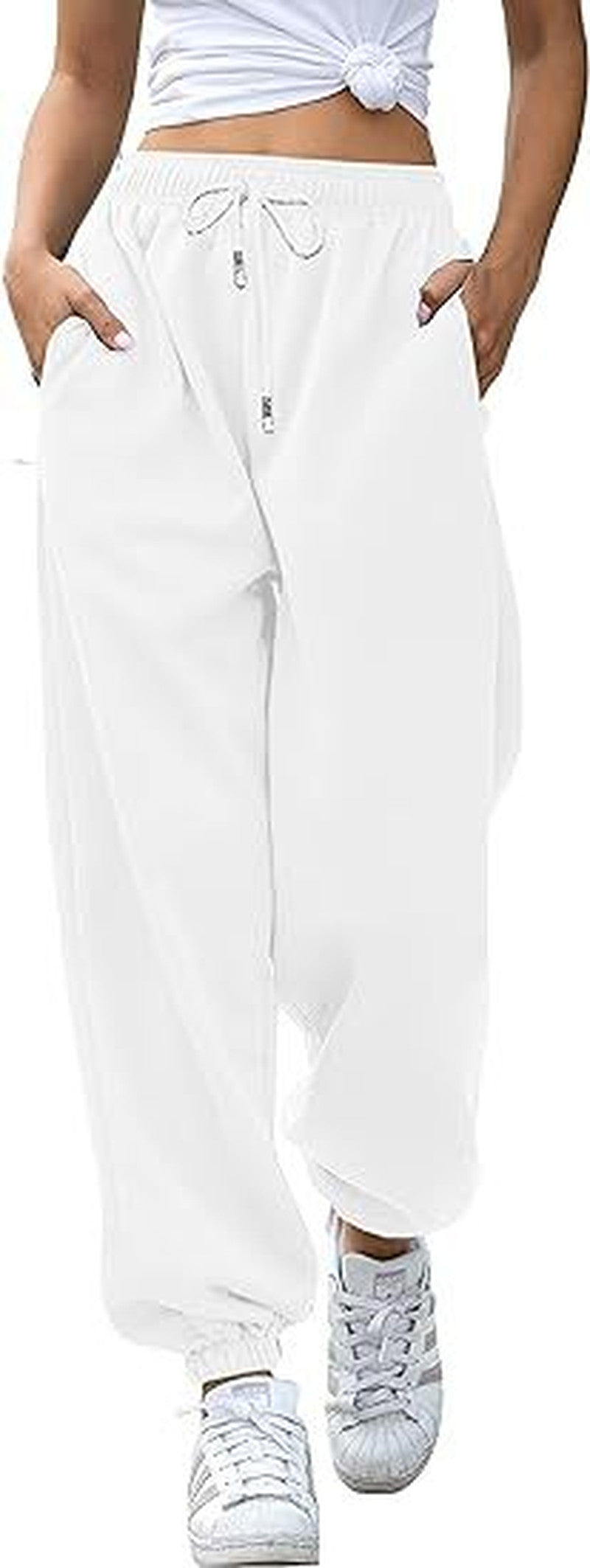 Drawstring High Waist Cuffed Jogger Sweatpants - white