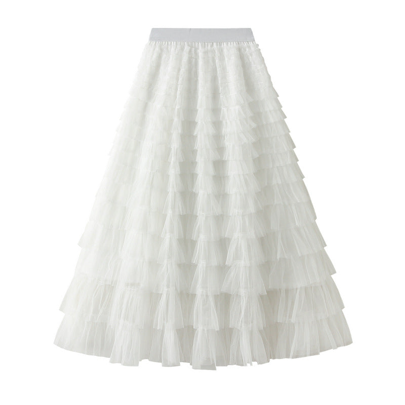 Tiered Ruffle Tulle Elastic Waist Maxi Skirt - 01-White
