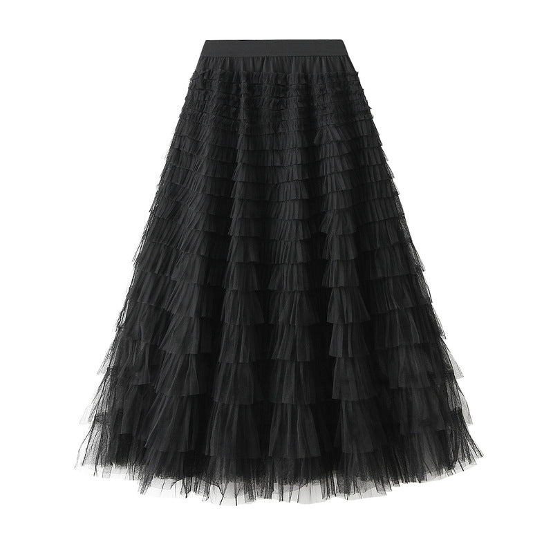 Tiered Ruffle Tulle Elastic Waist Maxi Skirt - 02-Black
