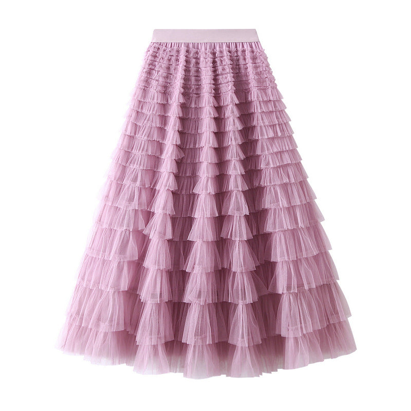 Tiered Ruffle Tulle Elastic Waist Maxi Skirt - 03-Purple
