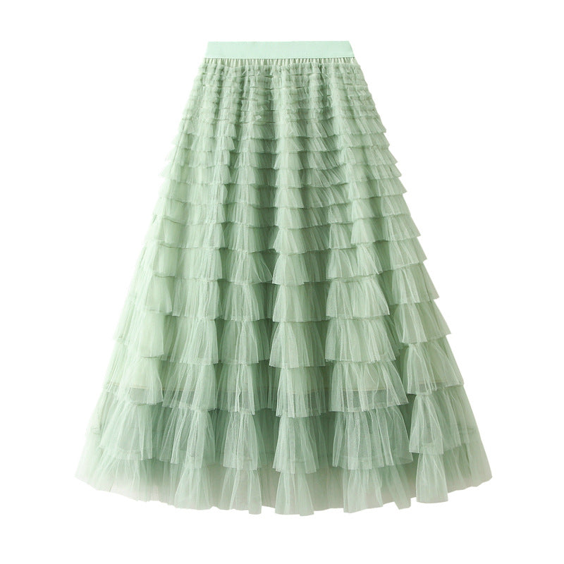 Tiered Ruffle Tulle Elastic Waist Maxi Skirt - 04-Mint