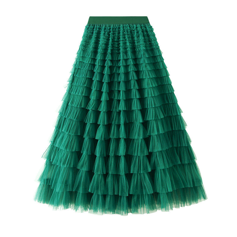 Tiered Ruffle Tulle Elastic Waist Maxi Skirt - 05-Dk Green