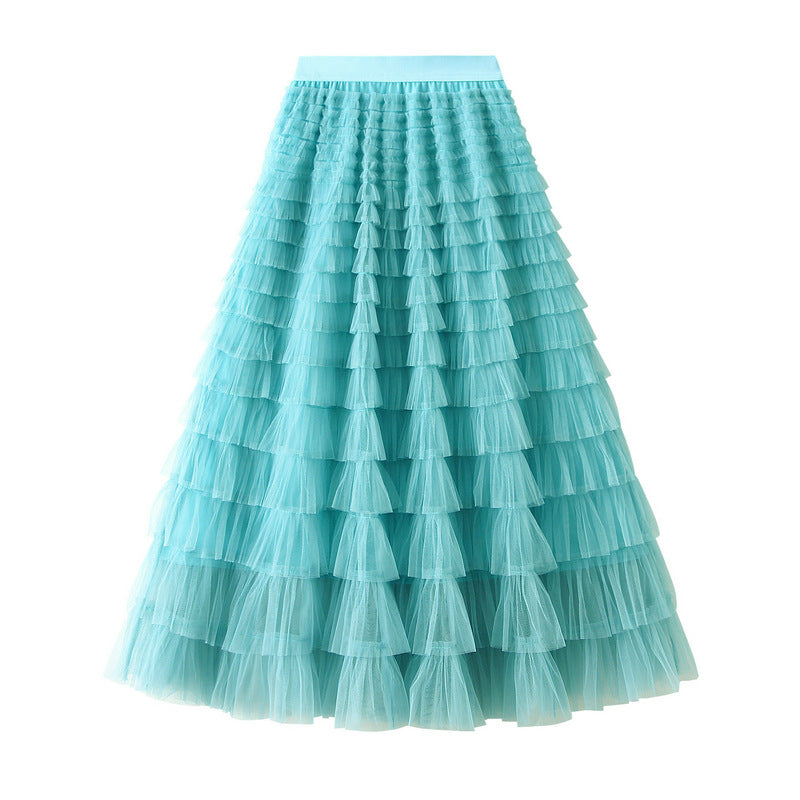 Tiered Ruffle Tulle Elastic Waist Maxi Skirt - 06-Turquoise