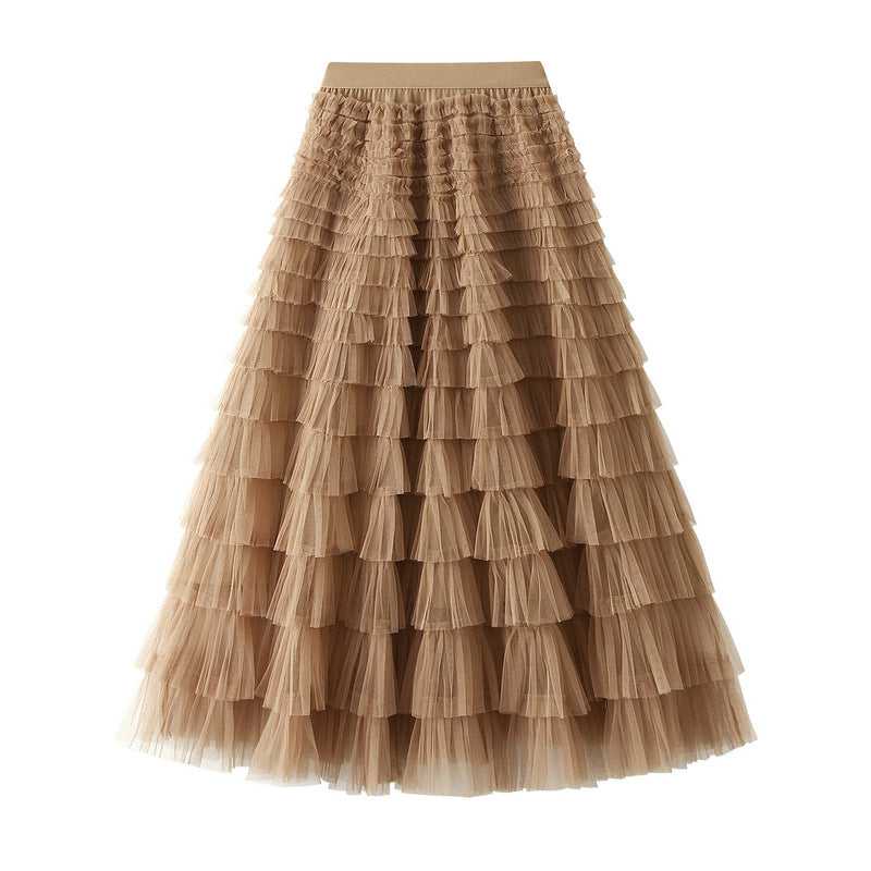 Tiered Ruffle Tulle Elastic Waist Maxi Skirt - 07-Taupe