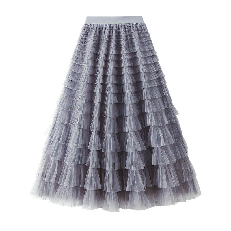 Tiered Ruffle Tulle Elastic Waist Maxi Skirt - 08-Grey
