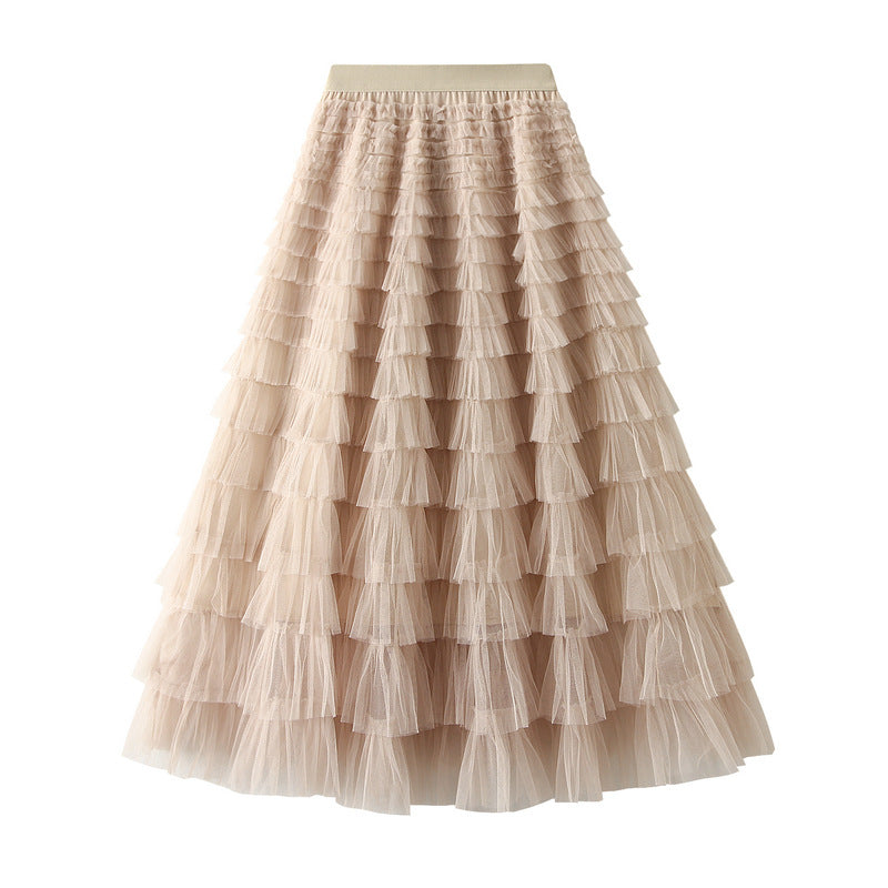 Tiered Ruffle Tulle Elastic Waist Maxi Skirt - 10-Beige