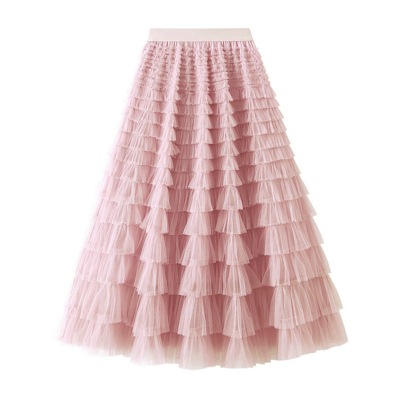 Tiered Ruffle Tulle Elastic Waist Maxi Skirt - 11-Pink