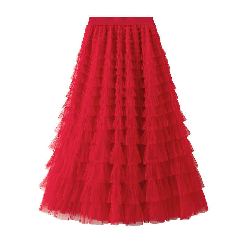 Tiered Ruffle Tulle Elastic Waist Maxi Skirt - 12-Red