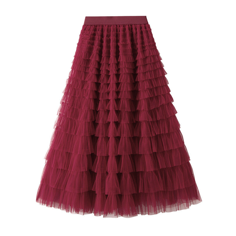 Tiered Ruffle Tulle Elastic Waist Maxi Skirt - 13-Burgundy