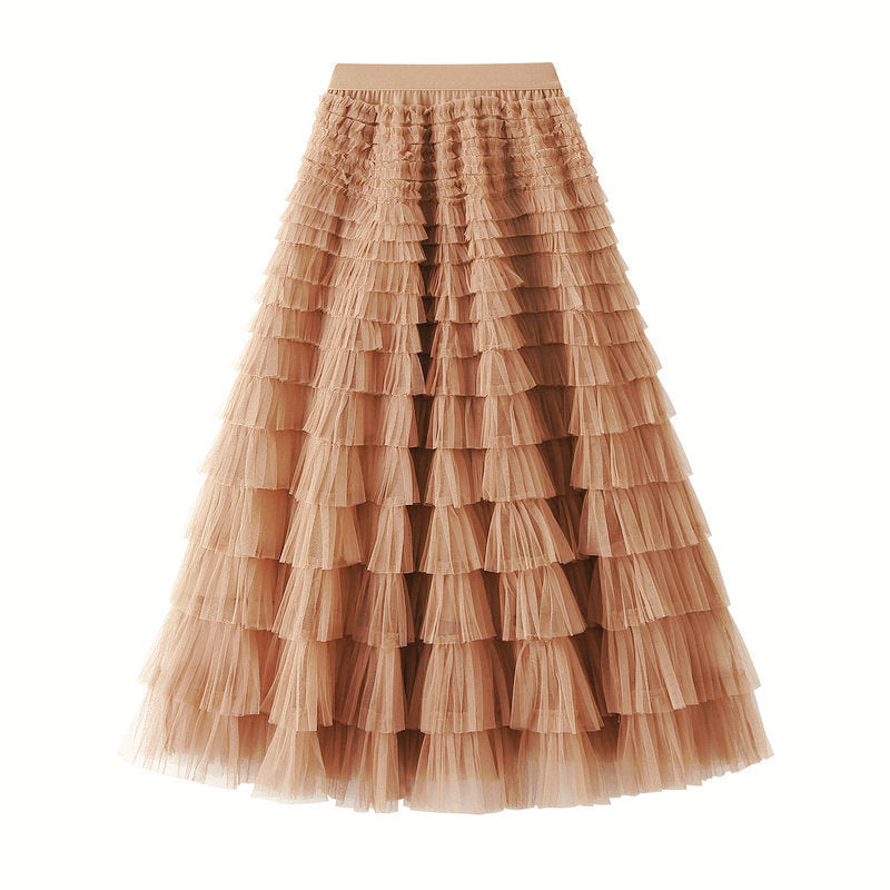 Tiered Ruffle Tulle Elastic Waist Maxi Skirt - 14-LT-Taupe