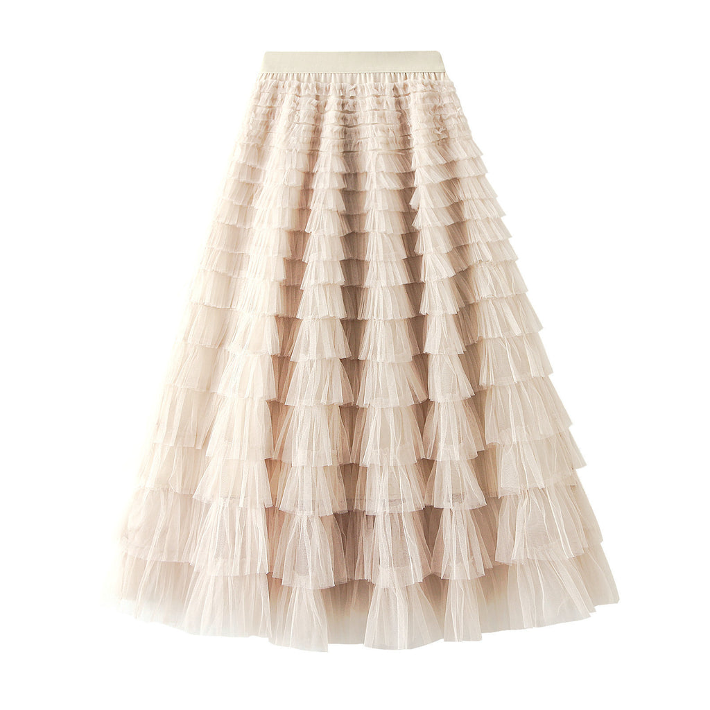 Tiered Ruffle Tulle Elastic Waist Maxi Skirt - 15-LT-Beige