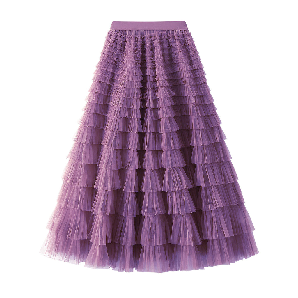 Tiered Ruffle Tulle Elastic Waist Maxi Skirt - 16-DK purple