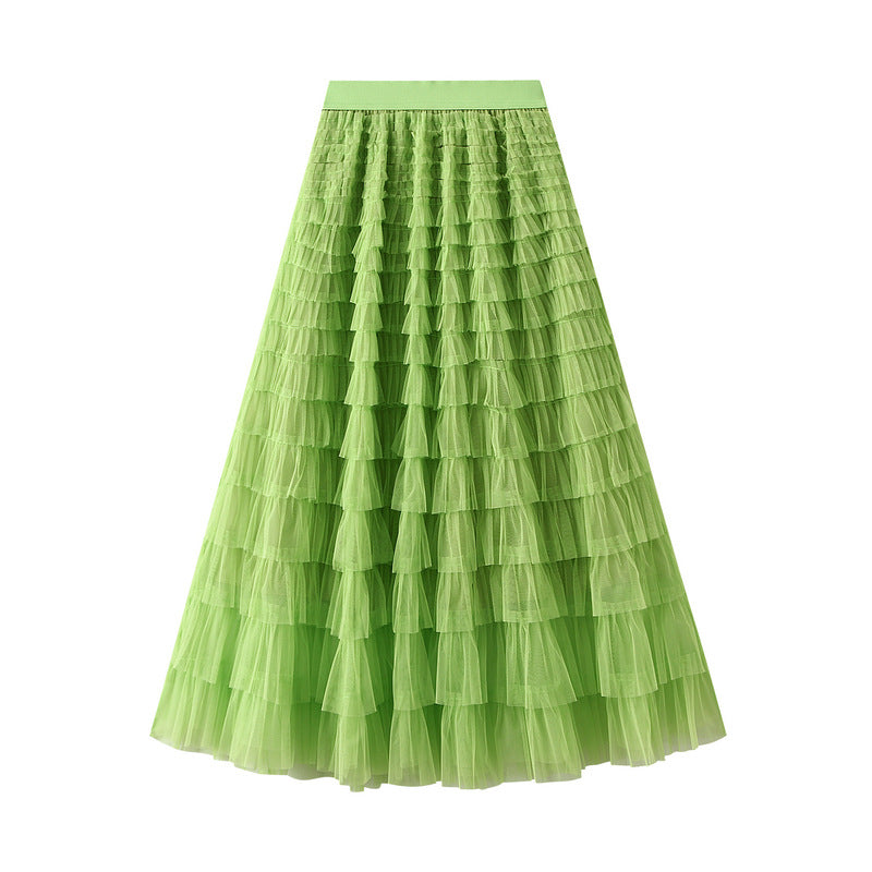 Tiered Ruffle Tulle Elastic Waist Maxi Skirt - 17-Green