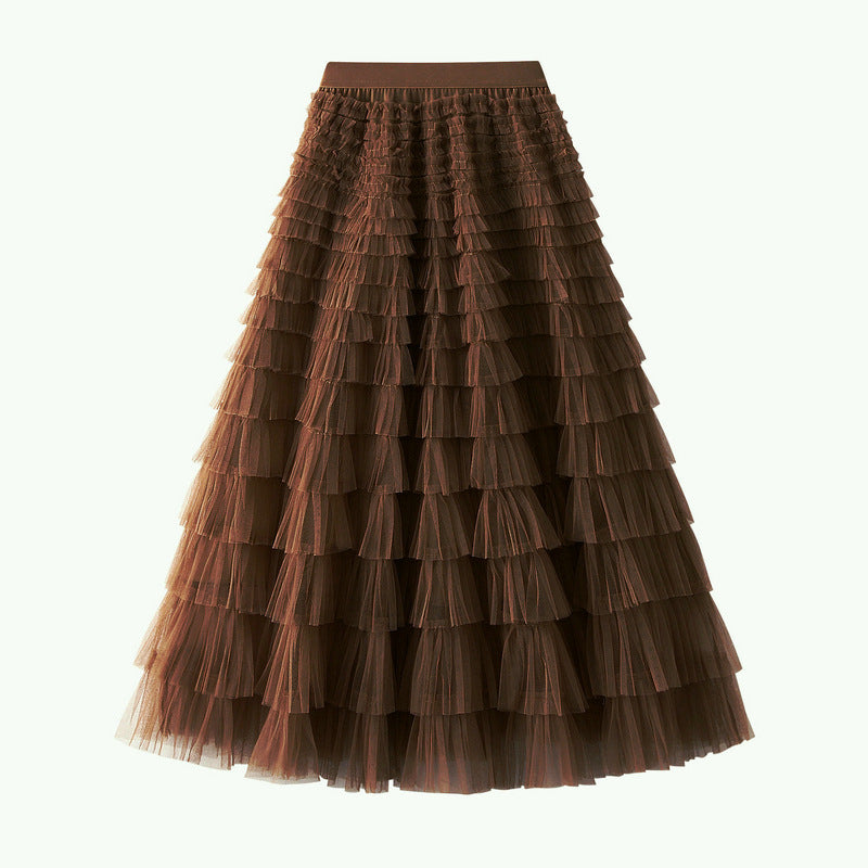 Tiered Ruffle Tulle Elastic Waist Maxi Skirt - 18-Brown