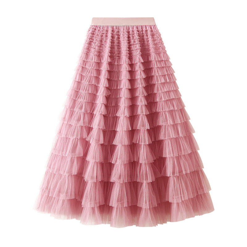 Tiered Ruffle Tulle Elastic Waist Maxi Skirt - 19-Blush