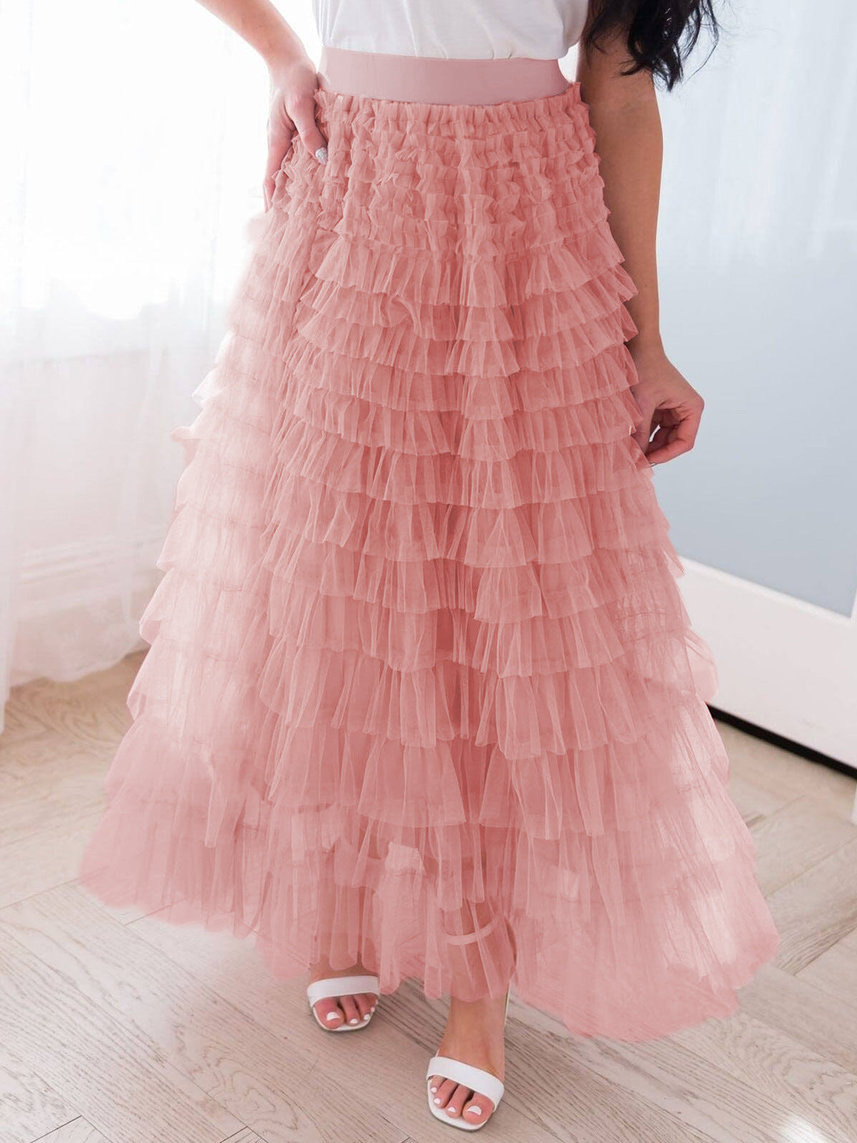 Tiered Ruffle Tulle Elastic Waist Maxi Skirt
