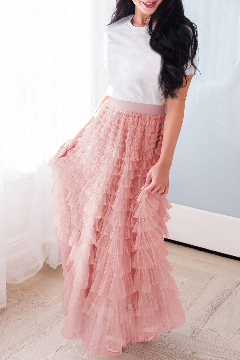 Tiered Ruffle Tulle Elastic Waist Maxi Skirt - view 56