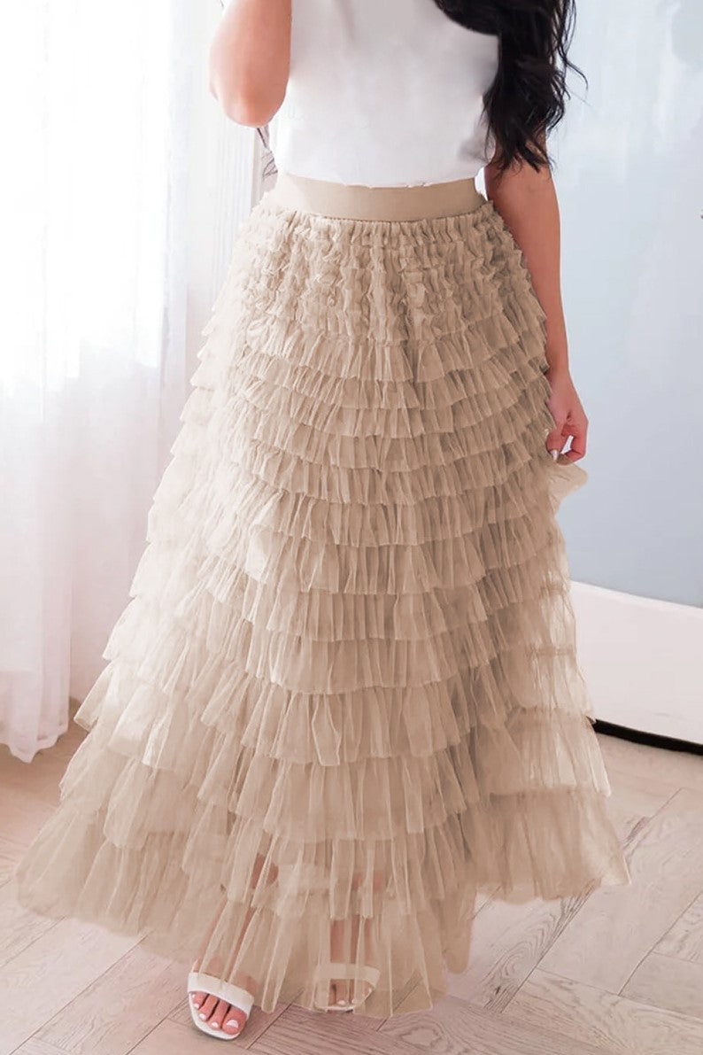 Tiered Ruffle Tulle Elastic Waist Maxi Skirt - view 68