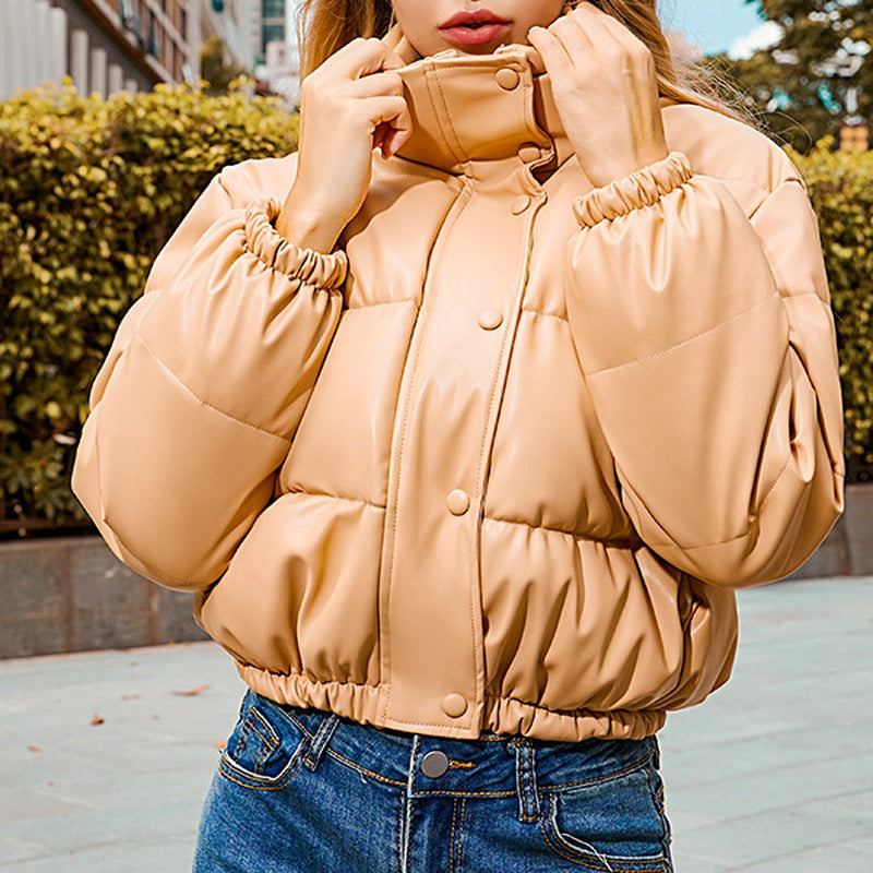 Faux Leather Stand Collar Cropped Puffer Jacket - Khaki