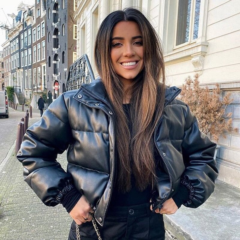 Faux Leather Stand Collar Cropped Puffer Jacket