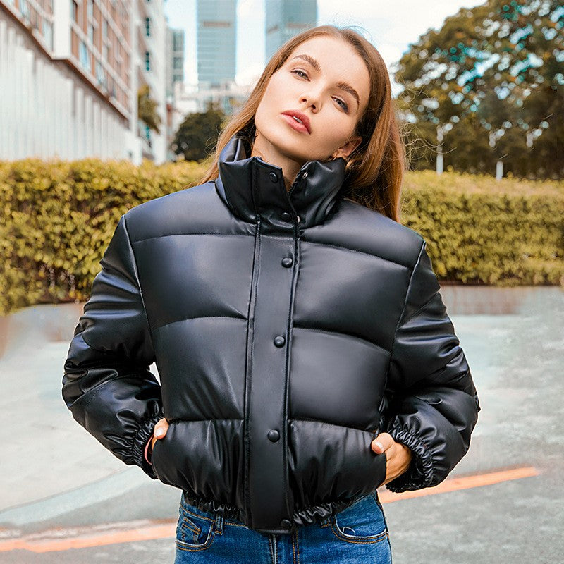 Faux Leather Stand Collar Cropped Puffer Jacket