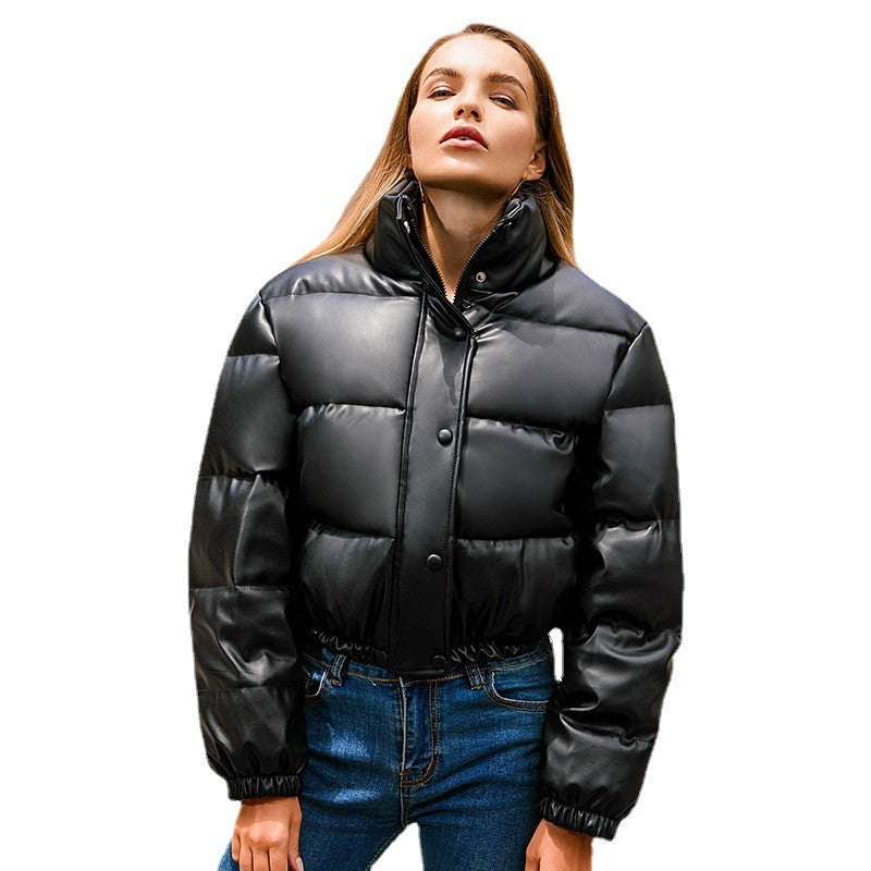 Faux Leather Stand Collar Cropped Puffer Jacket