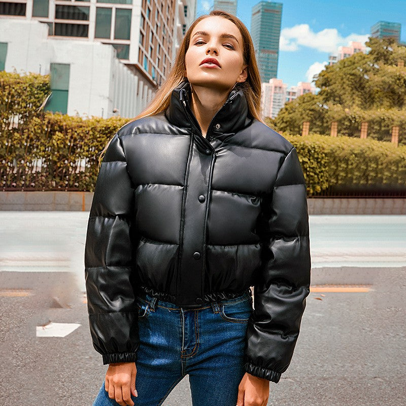 Faux Leather Stand Collar Cropped Puffer Jacket